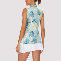 Pastel Cyan Tropical Hawaii Women Sleeveless Polo Shirt Seamless Monstera Plumeria Hawaiian Pattern - Polynesian Pride