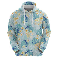 Pastel Cyan Tropical Hawaii Zip Hoodie Seamless Monstera Plumeria Hawaiian Pattern - Polynesian Pride