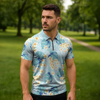 Pastel Cyan Tropical Hawaii Zipper Polo Shirt Seamless Monstera Plumeria Hawaiian Pattern - Polynesian Pride