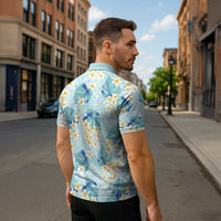 Pastel Cyan Tropical Hawaii Zipper Polo Shirt Seamless Monstera Plumeria Hawaiian Pattern - Polynesian Pride
