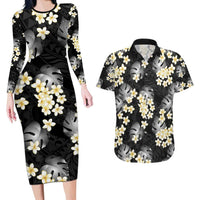 Black Tropical Hawaii Couples Matching Long Sleeve Bodycon Dress and Hawaiian Shirt Seamless Monstera Plumeria Hawaiian Pattern - Polynesian Pride