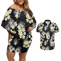 Black Tropical Hawaii Couples Matching Off Shoulder Short Dress and Hawaiian Shirt Seamless Monstera Plumeria Hawaiian Pattern - Polynesian Pride