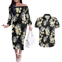 Black Tropical Hawaii Couples Matching Off The Shoulder Long Sleeve Dress and Hawaiian Shirt Seamless Monstera Plumeria Hawaiian Pattern - Polynesian Pride