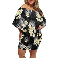 Black Tropical Hawaii Family Matching Off Shoulder Short Dress and Hawaiian Shirt Seamless Monstera Plumeria Hawaiian Pattern - Polynesian Pride