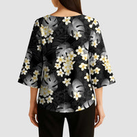 Black Tropical Hawaii Kimono Sleeve Blouse Seamless Monstera Plumeria Hawaiian Pattern - Polynesian Pride