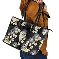 Black Tropical Hawaii Leather Tote Bag Seamless Monstera Plumeria Hawaiian Pattern - Polynesian Pride