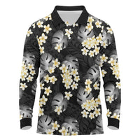 Black Tropical Hawaii Long Sleeve Polo Shirt Seamless Monstera Plumeria Hawaiian Pattern - Polynesian Pride
