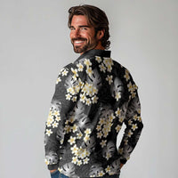 Black Tropical Hawaii Long Sleeve Polo Shirt Seamless Monstera Plumeria Hawaiian Pattern - Polynesian Pride