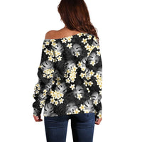 Black Tropical Hawaii Off Shoulder Sweater Seamless Monstera Plumeria Hawaiian Pattern LT14 - Polynesian Pride