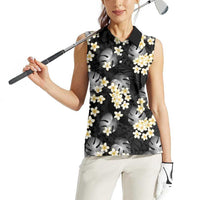 Black Tropical Hawaii Women Sleeveless Polo Shirt Seamless Monstera Plumeria Hawaiian Pattern - Polynesian Pride