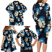 Blue Tropical Hawaii Family Matching Long Sleeve Bodycon Dress and Hawaiian Shirt Seamless Monstera Plumeria Hawaiian Pattern - Polynesian Pride