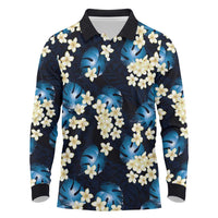 Blue Tropical Hawaii Long Sleeve Polo Shirt Seamless Monstera Plumeria Hawaiian Pattern - Polynesian Pride