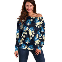 Blue Tropical Hawaii Off Shoulder Sweater Seamless Monstera Plumeria Hawaiian Pattern LT14 Women Blue - Polynesian Pride