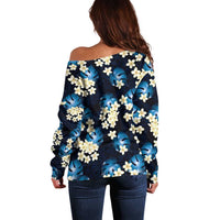 Blue Tropical Hawaii Off Shoulder Sweater Seamless Monstera Plumeria Hawaiian Pattern LT14 - Polynesian Pride