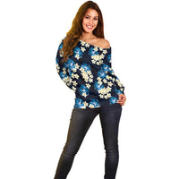 Blue Tropical Hawaii Off Shoulder Sweater Seamless Monstera Plumeria Hawaiian Pattern LT14 - Polynesian Pride