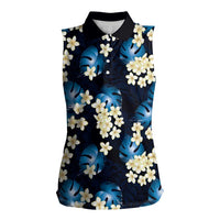 Blue Tropical Hawaii Women Sleeveless Polo Shirt Seamless Monstera Plumeria Hawaiian Pattern - Polynesian Pride