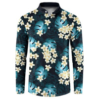 Dark Cyan Tropical Hawaii Button Sweatshirt Seamless Monstera Plumeria Hawaiian Pattern LT14 Dark Cyan - Polynesian Pride