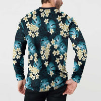 Dark Cyan Tropical Hawaii Button Sweatshirt Seamless Monstera Plumeria Hawaiian Pattern LT14 - Polynesian Pride