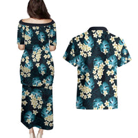 Dark Cyan Tropical Hawaii Couples Matching Puletasi and Hawaiian Shirt Seamless Monstera Plumeria Hawaiian Pattern - Polynesian Pride