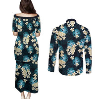 Dark Cyan Tropical Hawaii Couples Matching Puletasi and Long Sleeve Button Shirt Seamless Monstera Plumeria Hawaiian Pattern - Polynesian Pride