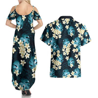Dark Cyan Tropical Hawaii Couples Matching Summer Maxi Dress and Hawaiian Shirt Seamless Monstera Plumeria Hawaiian Pattern - Polynesian Pride