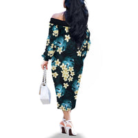 Dark Cyan Tropical Hawaii Family Matching Off The Shoulder Long Sleeve Dress and Hawaiian Shirt Seamless Monstera Plumeria Hawaiian Pattern - Polynesian Pride