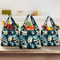 Dark Cyan Tropical Hawaii Grocery Bag Seamless Monstera Plumeria Hawaiian Pattern LT14 3-pack One Size Dark Cyan - Polynesian Pride