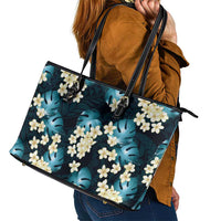 Dark Cyan Tropical Hawaii Leather Tote Bag Seamless Monstera Plumeria Hawaiian Pattern - Polynesian Pride