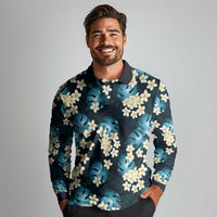 Dark Cyan Tropical Hawaii Long Sleeve Polo Shirt Seamless Monstera Plumeria Hawaiian Pattern - Polynesian Pride