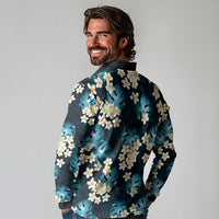 Dark Cyan Tropical Hawaii Long Sleeve Polo Shirt Seamless Monstera Plumeria Hawaiian Pattern - Polynesian Pride