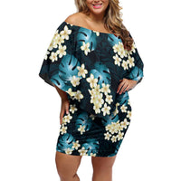 Dark Cyan Tropical Hawaii Off Shoulder Short Dress Seamless Monstera Plumeria Hawaiian Pattern - Polynesian Pride