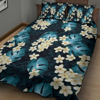 Dark Cyan Tropical Hawaii Quilt Bed Set Seamless Monstera Plumeria Hawaiian Pattern - Polynesian Pride