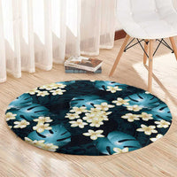 Dark Cyan Tropical Hawaii Round Carpet Seamless Monstera Plumeria Hawaiian Pattern - Polynesian Pride