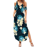 Dark Cyan Tropical Hawaii Summer Maxi Dress Seamless Monstera Plumeria Hawaiian Pattern - Polynesian Pride