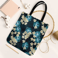 Dark Cyan Tropical Hawaii Tote Bag Seamless Monstera Plumeria Hawaiian Pattern - Polynesian Pride