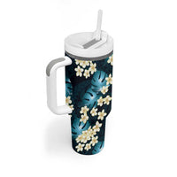 Dark Cyan Tropical Hawaii Tumbler With Handle Seamless Monstera Plumeria Hawaiian Pattern - Polynesian Pride