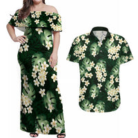 Green Tropical Hawaii Couples Matching Off Shoulder Maxi Dress and Hawaiian Shirt Seamless Monstera Plumeria Hawaiian Pattern - Polynesian Pride