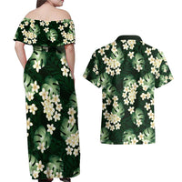 Green Tropical Hawaii Couples Matching Off Shoulder Maxi Dress and Hawaiian Shirt Seamless Monstera Plumeria Hawaiian Pattern - Polynesian Pride