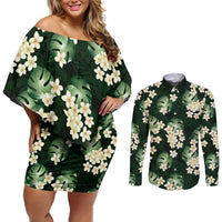 Green Tropical Hawaii Couples Matching Off Shoulder Short Dress and Long Sleeve Button Shirt Seamless Monstera Plumeria Hawaiian Pattern - Polynesian Pride