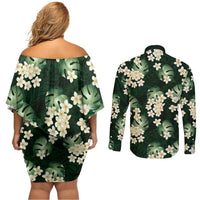 Green Tropical Hawaii Couples Matching Off Shoulder Short Dress and Long Sleeve Button Shirt Seamless Monstera Plumeria Hawaiian Pattern - Polynesian Pride