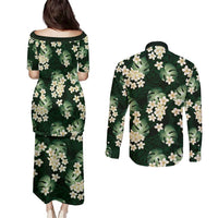 Green Tropical Hawaii Couples Matching Puletasi and Long Sleeve Button Shirt Seamless Monstera Plumeria Hawaiian Pattern - Polynesian Pride