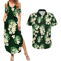 Green Tropical Hawaii Couples Matching Summer Maxi Dress and Hawaiian Shirt Seamless Monstera Plumeria Hawaiian Pattern - Polynesian Pride