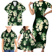 Green Tropical Hawaii Family Matching Short Sleeve Bodycon Dress and Hawaiian Shirt Seamless Monstera Plumeria Hawaiian Pattern - Polynesian Pride