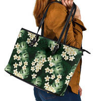 Green Tropical Hawaii Leather Tote Bag Seamless Monstera Plumeria Hawaiian Pattern - Polynesian Pride