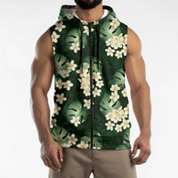 Green Tropical Hawaii Sleeveless Zip Hoodie Seamless Monstera Plumeria Hawaiian Pattern LT14 - Polynesian Pride