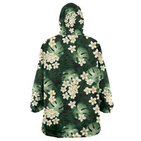 Green Tropical Hawaii Wearable Blanket Hoodie Seamless Monstera Plumeria Hawaiian Pattern - Polynesian Pride