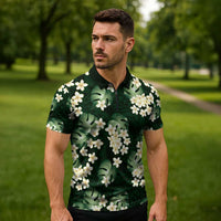 Green Tropical Hawaii Zipper Polo Shirt Seamless Monstera Plumeria Hawaiian Pattern - Polynesian Pride