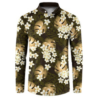 Gold Tropical Hawaii Button Sweatshirt Seamless Monstera Plumeria Hawaiian Pattern - Polynesian Pride
