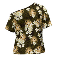 Gold Tropical Hawaii Cross Shoulder Shirt Seamless Monstera Plumeria Hawaiian Pattern - Polynesian Pride
