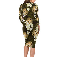 Gold Tropical Hawaii Family Matching Long Sleeve Bodycon Dress and Hawaiian Shirt Seamless Monstera Plumeria Hawaiian Pattern - Polynesian Pride